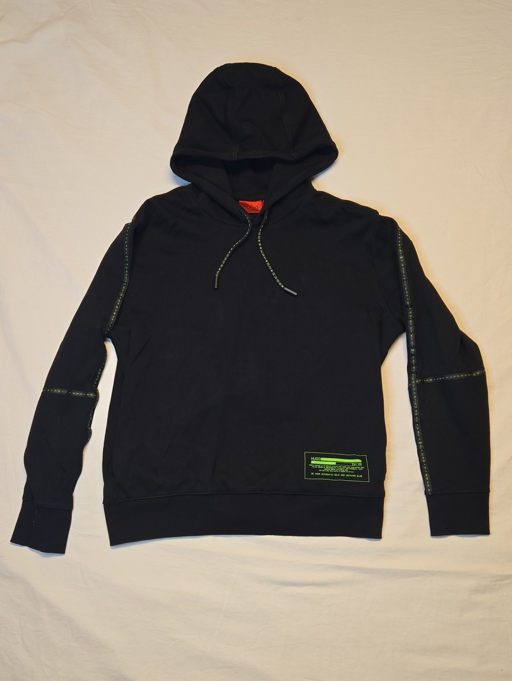 Hugo Boss Black Hoodie Sweater with Neon Green Multi Spellout Logo Tape